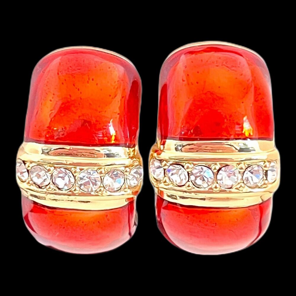 Vintage 1980s Red Enamel Clip Earrings Gold Tone Crystal - 1N